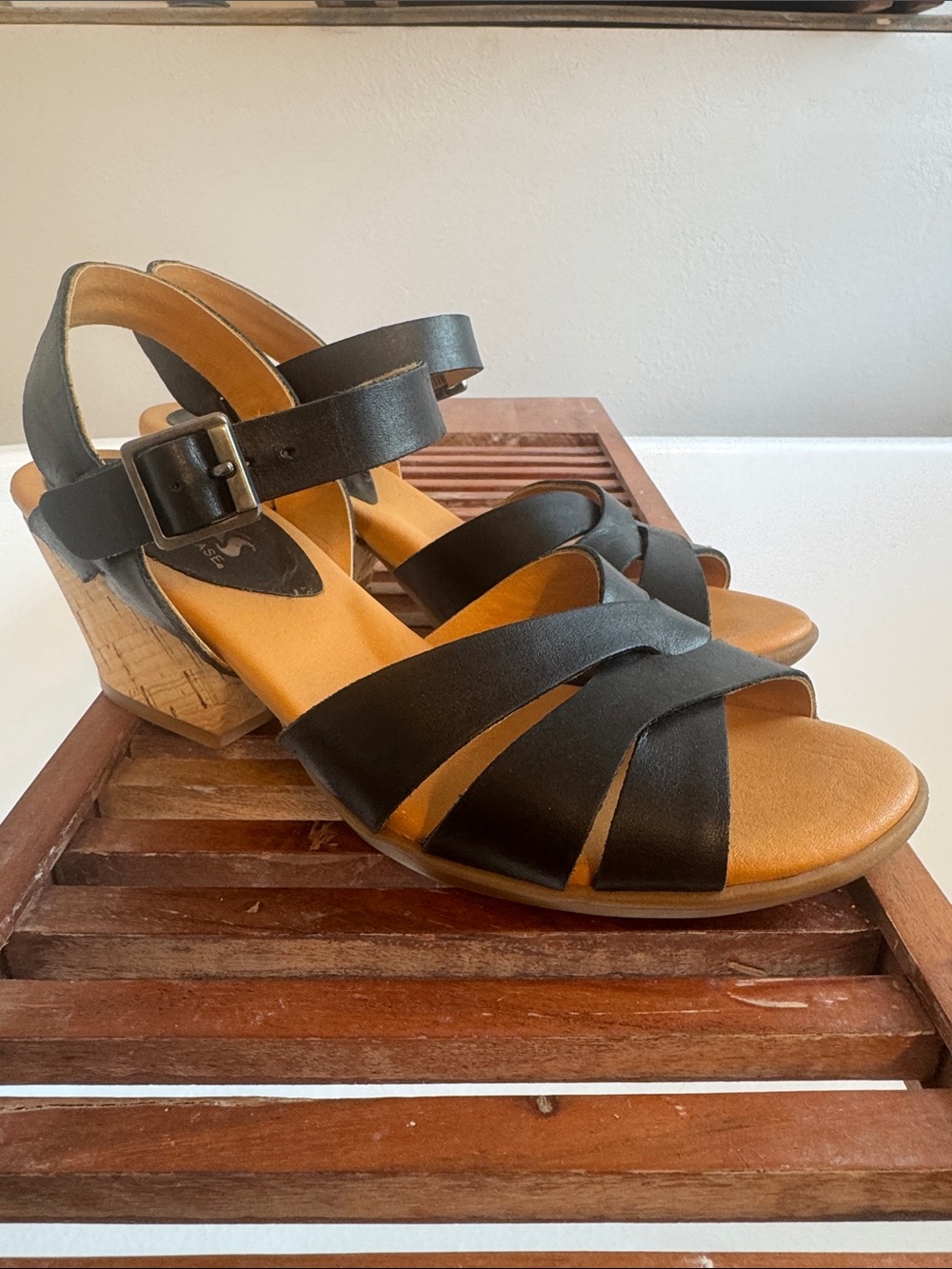 Kork-Ease Black Strappy Cork Wedge Sandals